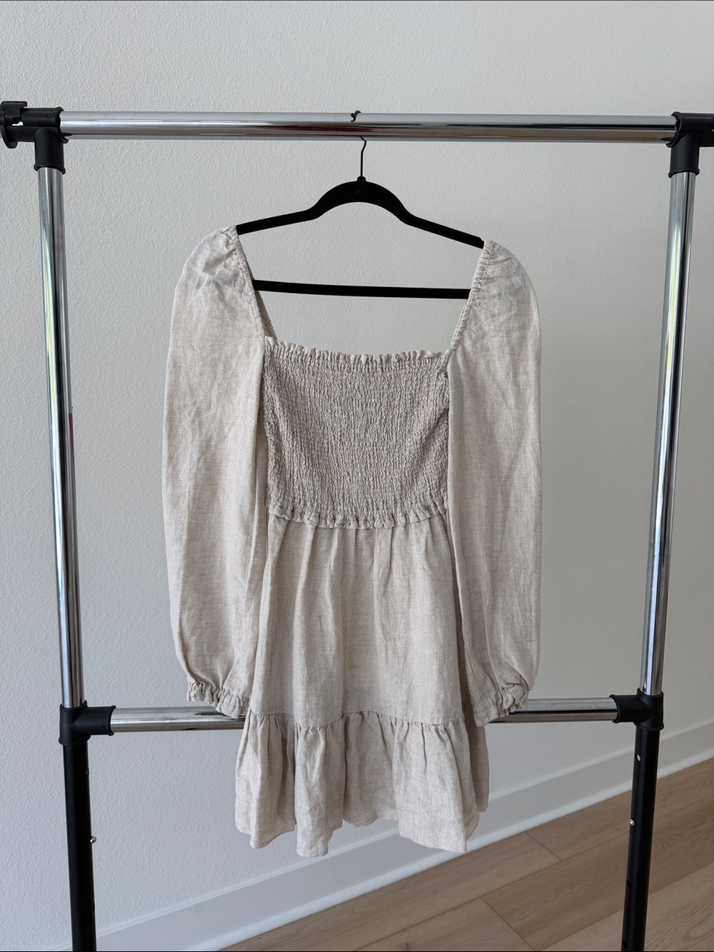 Aritzia Wilfred Neutral Beige Smocked Linen Mini Dress